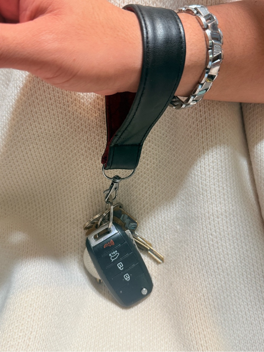 Handmade Men's Black Leather Wrist Key Strap with Red Edge 13in